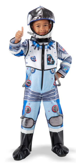 Niño usando el traje de astronauta Teetot Adventure completo con guantes y casco.