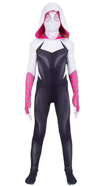 Vista frontal del traje Spider-Gwen infantil con capucha