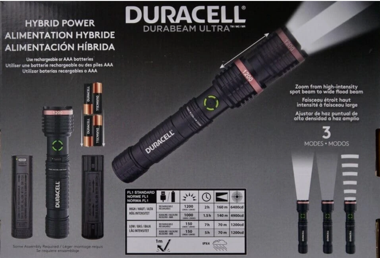 Duracell 1200L Hybrid – Linterna LED Recargable e Híbrida