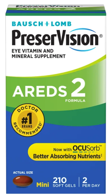 Frasco de PreserVision AREDS2 210 ct con etiqueta visible.