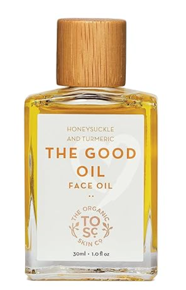 Botella de The Good Oil Aceite Natural sobre fondo neutro