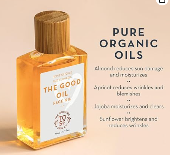 Empaque de The Good Oil con etiqueta de ingredientes naturales.
